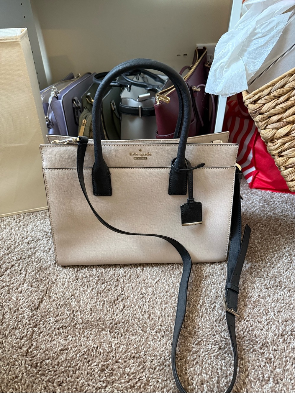 kate spade Cream and Black Leather Satchel with Crossbody Strap